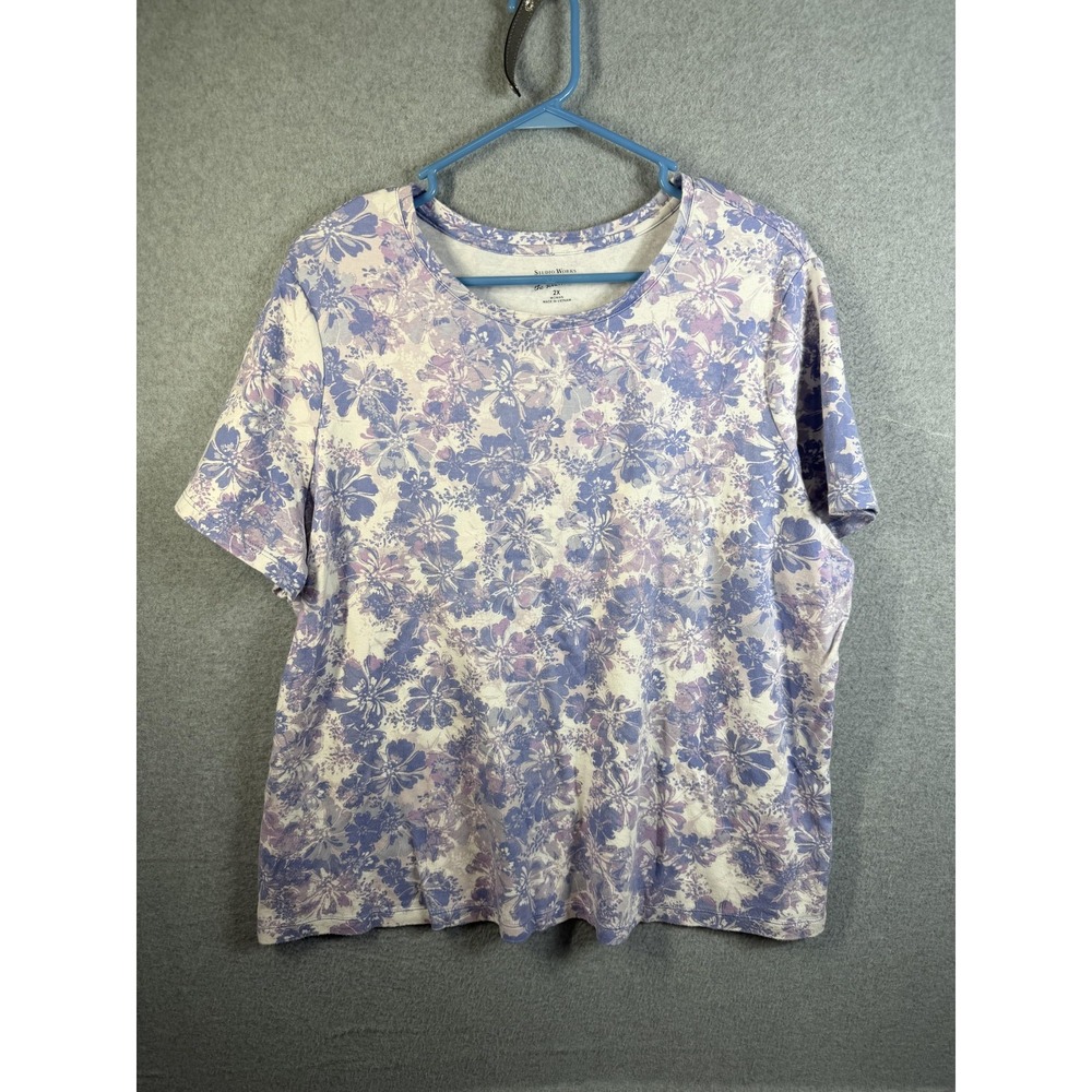 Studio Works Shirt Womens 2X Purple Floral Short Sleeve Cotton Tee Top